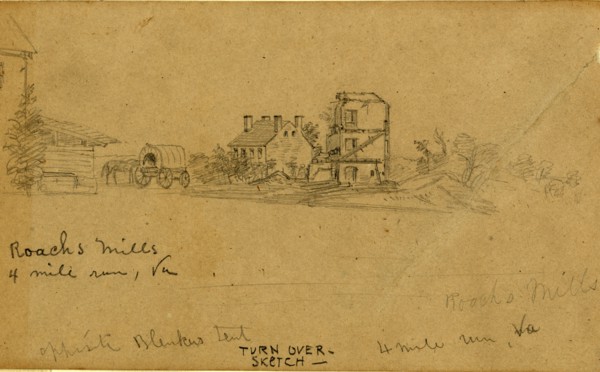 Roachs Mills. 4 mile run Va,  1861-1863, drawing, 1862-1865, by Alfred R Waud, 1828-1891, an