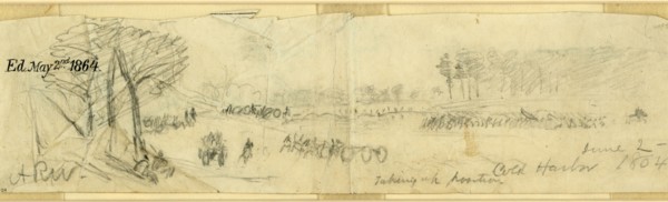 Taking up position, Cold Harbor, June 2, 1864, drawing, 1862-1865, by Alfred R Waud, 1828-1891, an