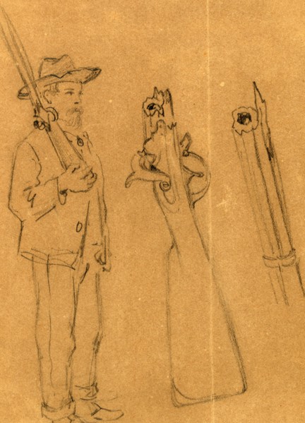 Full-length portrait of soldier with rifle and details of the weapon, 1860-1865, drawing,