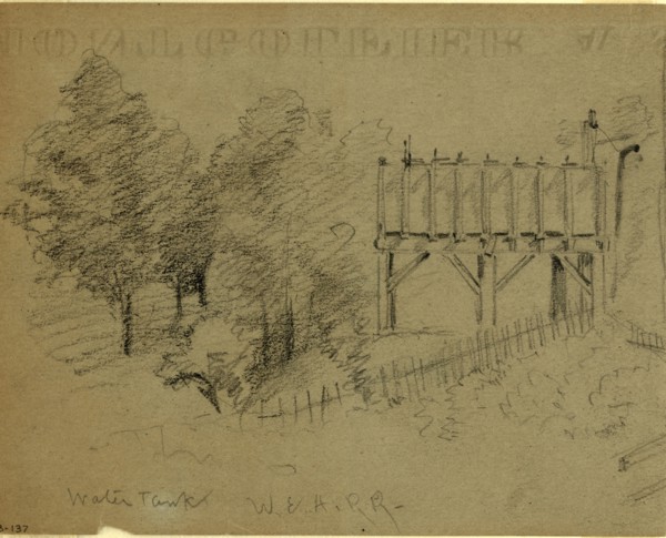 Water Tank, W.& A.R.R, 1860-1865, drawing, 1862-1865, by Alfred R Waud, 1828-1891, an american