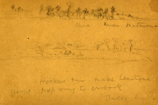 Shore near Matwomonsic and Hookers men make beautiful groups, preparing to embark, Budd's Ferry,