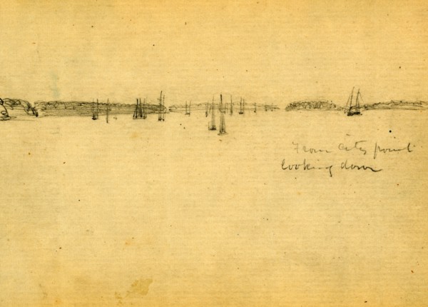 From city point, looking down, 1860-1865, drawing, 1862-1865, by Alfred R Waud, 1828-1891, an