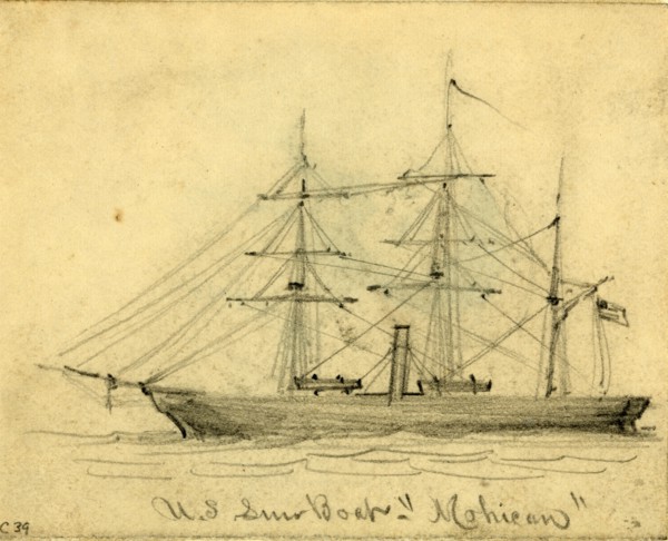 U.S. Gun Boat Mohican, between 1860 and 1865, drawing on cream paper, pencil, 8.3 x 10.4 cm.