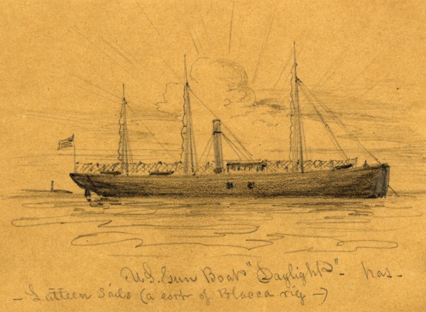 U.S. Gun Boat Daylight, between 1860 and 1865, drawing on brown paper pencil, 10.2 x 14 cm.