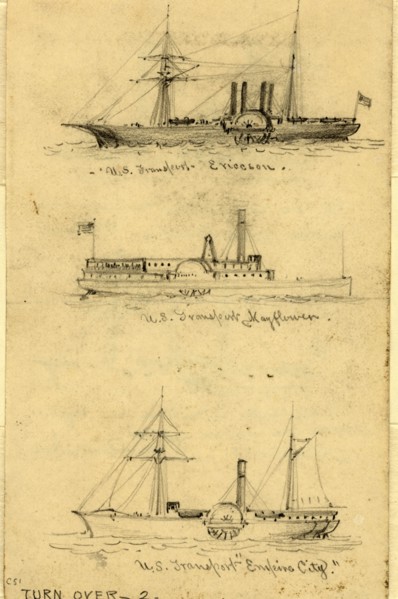 Broadside views of three sidewheel steamships: U.S. Transport Ericcson, U.S. Transport Mayflower,