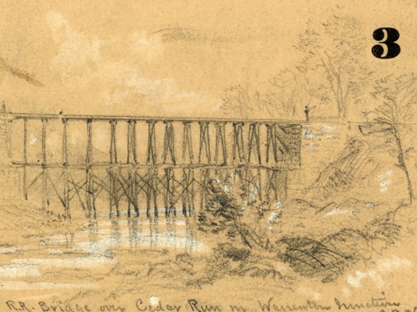 R.R. bridge over Cedar Run in Warrenton Junction, between 1860 and 1865, drawing on tan paper