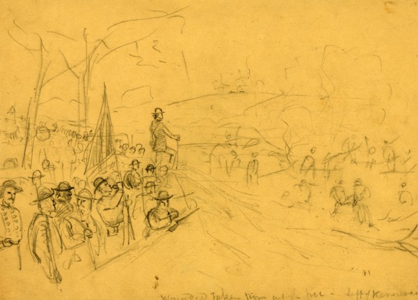 Wounded taken from out the fire, left of Kennesaw, ca. 1864 June 27, drawing, 1862-1865, by Alfred