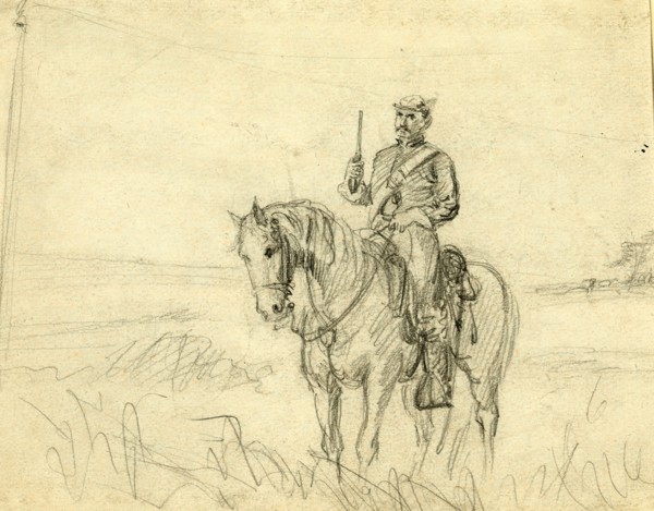 Soldier on horse, between 1860 and 1865, drawing on white card pencil, 19.4 x 30.4 cm. (sheet),