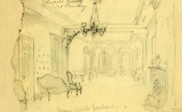 Mayor Woods parlor, between 1860 and 1865, drawing on cream paper pencil 17.5 x 25.6 cm. (sheet),