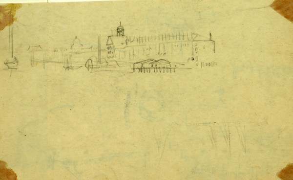 Unidentified city view, capitol done in distance, between 1860 and 1865, drawing on cream paper