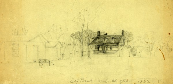 City Point Genl. Hd.qts, 1864-5, 1865, drawing on light olive paper pencil, 15.8 x 34.1 cm.