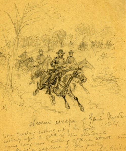 Narrow escape of Genl. Meade 1864, 1864,  drawing on tan paper pencil, 26.0 x 21.0 cm. (sheet),
