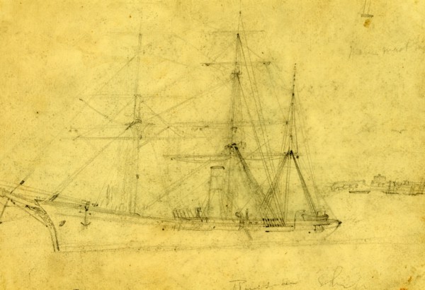 Russian ship, between 1860 and 1865, drawing on cream paper pencil, 17.4 x 26.2 cm. (sheet),