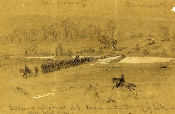 Bridges and rifle pits at U.S. Ford, in the Rappahannock from rebel shore, 1863 between April and