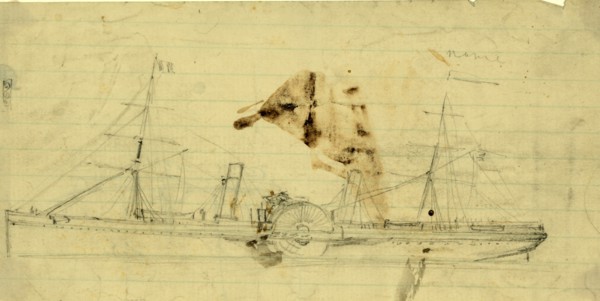 Steamship with sidewheel and two masts, between 1860 and 1865, drawing on cream lined paper pencil,