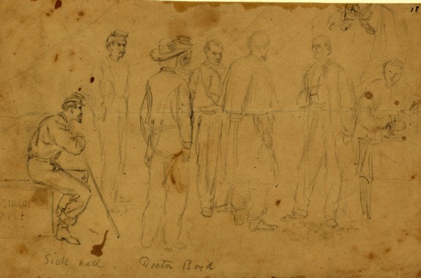 Sick call, Doctor Boyd, between 1860 and 1865, drawing on light brown paper pencil, 14.9 x 23.8 cm.