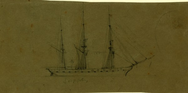 Supply, Broadside view of frigate, 1860-1865, drawing, 1862-1865, by Alfred R Waud, 1828-1891, an