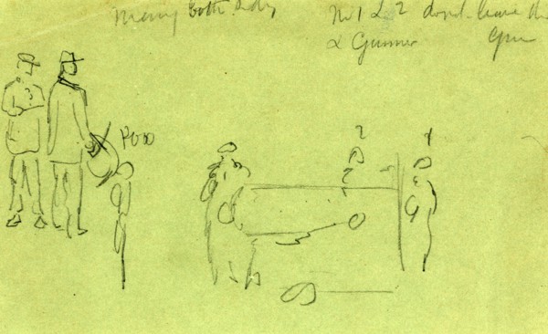Artillery men, rough sketch of soldiers and cannon, 1860-1865, drawing, 1862-1865, by Alfred R
