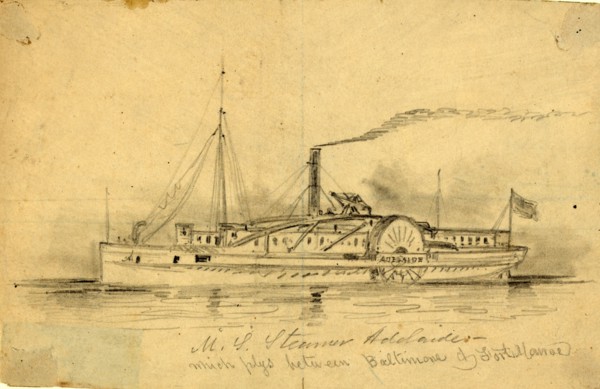 U.S. Steamer Adelaide, which plys between Baltimore & Fort Monroe, between 1860 and 1865, drawing