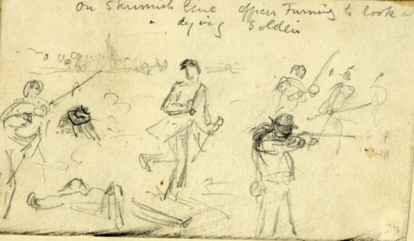 On skirmish line Officer turning to look at a dying soldier, between 1860 and 1865, drawing on