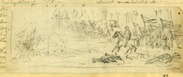 A Corps going into battle, possibly General Warren's V Corps at Mine Run, 1865?, drawing on white