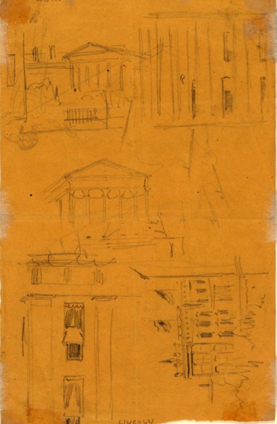 Architectural details with notation, LINCOLN, 1865 April?, drawing on yellow paper pencil, 21.5 x
