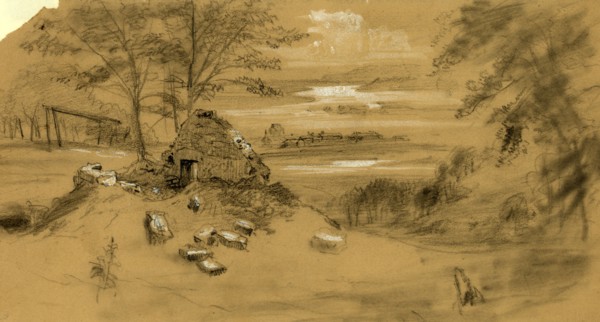 Ruined dwelling, town in distance, between 1860 and 1865, drawing on tan paper pencil and Chinese