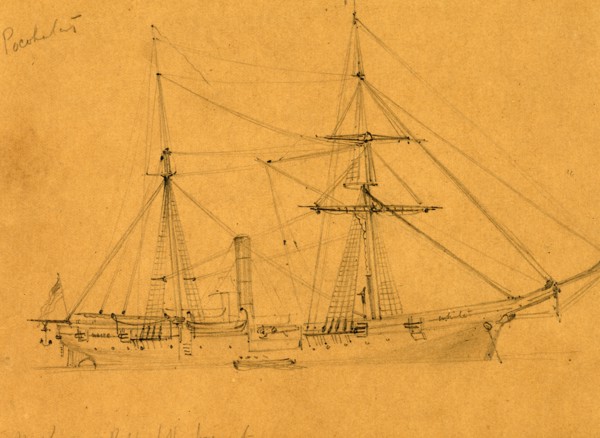 Pocohontas, broadside view of steam frigate, 1860-1865, drawing, 1862-1865, by Alfred R Waud,