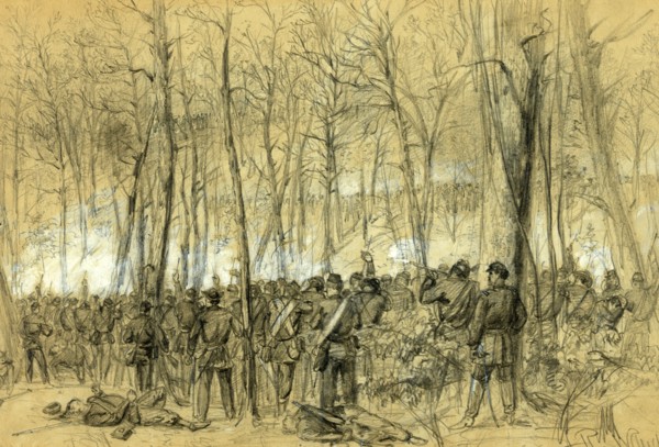 Genl. Wadsworths division in action in the Wilderness, near the spot where the General was killed,