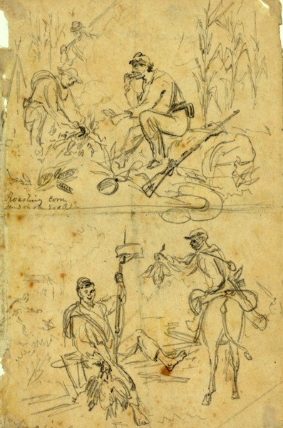 Scenes on the road, roasting corn and foraging, between 1860 and 1865, drawing on cream paper