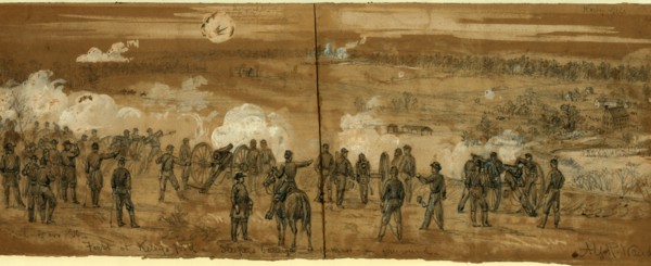 Fight at Kelly's Ford Sleepers battery, 1863 November 7, drawing on brown paper pencil and Chinese