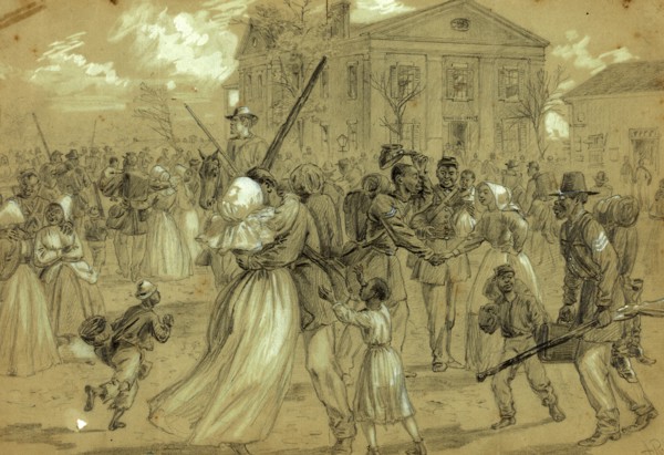 African American soldiers mustered out at Little Rock, Arkansas, 1866, drawing, 1862-1865, by