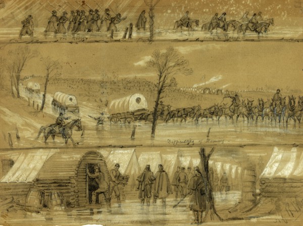 Why the Army of the Potomac doesn't move, 1862, drawing on green paper pencil and Chinese white, 24