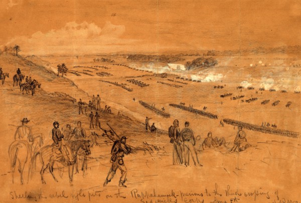 Shelling the rebel rifle pits on the Rappahannock, previous to the third crossing of Sedgwicks