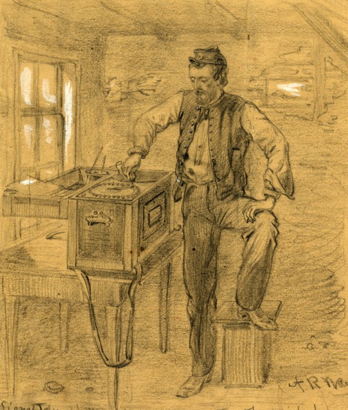 Signal Telegraph Machine and operator, Fredericksburg, 1862 ca. December, drawing, 1862-1865, by