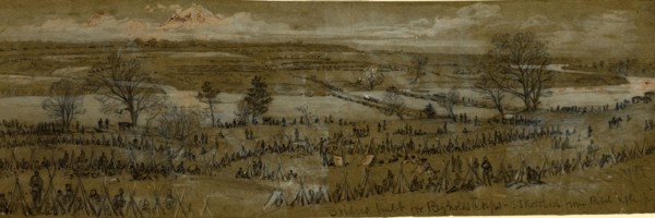 Bridges built for Reynolds Corps, sketched from Rebel rifle pits, 1863 April 28-30, drawing,