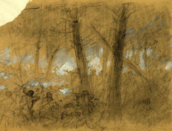 Glendale, Va, 1862 June 30, drawing on tan paper pencil and Chinese white, 22.9 x30.5 cm,