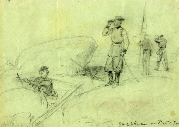 Genl Warren on Round Top, 1863 July 2, drawing on green paper pencil, 23.1 x 32.5 cm. (sheet),