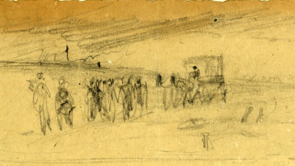Troops on the road, between 1860 and 1865, drawing on cream paper pencil, 6.2 x 11.5 cm. (sheet),