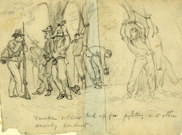 Drunken soldiers tied up for fighting and other unruly conduct, between 1860 and 1865, drawing on