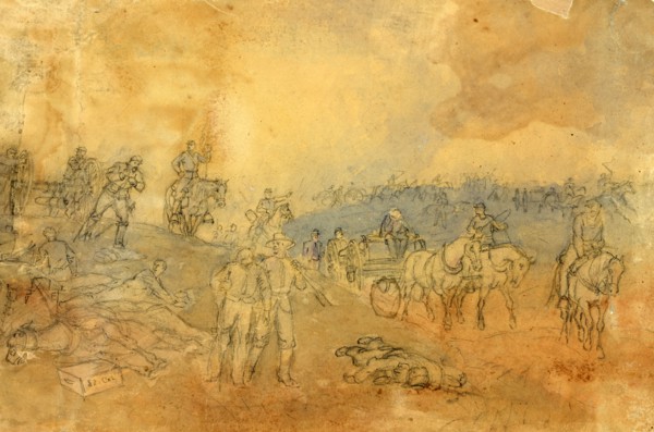 Near the cemetery, Gettysburg retiring disabled artillery, 1863 July 1-3, drawing on tan paper