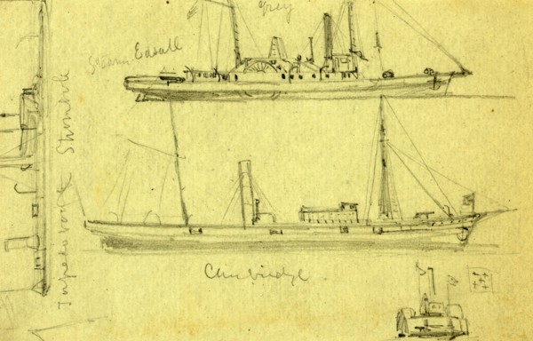 Sketches of four ships, between 1860 and 1865, drawing on light green paper pencil, 8.4 x 13.5 cm.