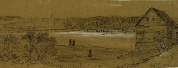Blind Ford & Scotts Mill, 1863 ca. May 5, drawing on olive paper pencil and Chinese white, 12.2 x