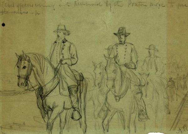Rebel officers coming into Richmond by the ponton  bridge to give themselves up, April 1865,