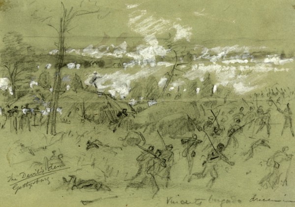 The Devil's Den Gettysburg, drawing, 1862-1865, by Alfred R Waud, 1828-1891, an american artist