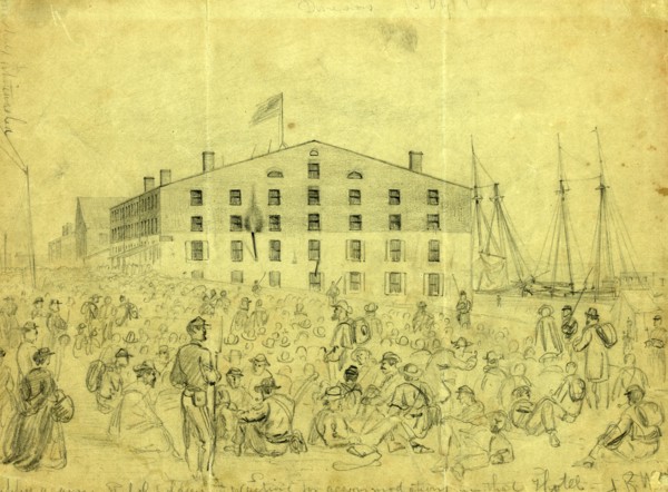 Libby again, Rebel soldiers waiting for accommodations in that Hotel, drawing, 1862-1865, by Alfred