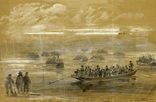 Russells Brigade, 1st div. 6th Army Corps, crossing in Pontoons to storm the enemies rifle pits on