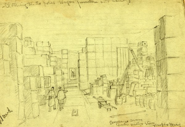 Sheridans Army, Quarter Master Stores. Harpers Ferry, drawing, 1862-1865, by Alfred R Waud,