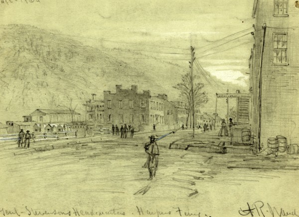 Genl. Stevensons Headqurters, Harpers Ferry, drawing, 1862-1865, by Alfred R Waud, 1828-1891, an