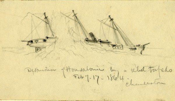 Destruction of Housatonic by a rebel torpedo. Feb. of 17 1864. Charleston, drawing, 1862-1865, by
